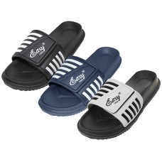 S2060-M - Wholesale Men's "Easy USA" Velcro Upper with Black/White Stripe Upper Slide Sandal (*Asst: Black, Royal & Gray)